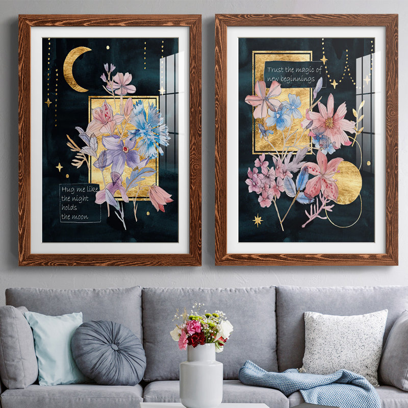 " Moonlight Flowers III " 2 Piece Art Graphic Art Print, 31.5" H x 88" W x 1.5" D, Maple
