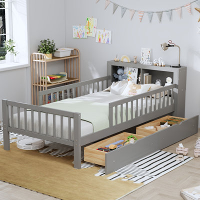 Lit simple avec support de tête de lit, deux tiroirs sous le lit, garde-corps à trois côtés pour plus de sécurité, gris
