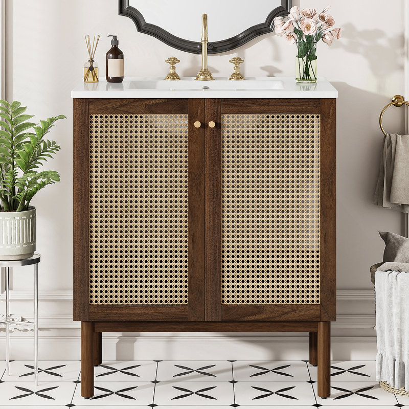 Meuble-lavabo de salle de bain avec portes en bambou tissé à la main, conception à fermeture en douceur