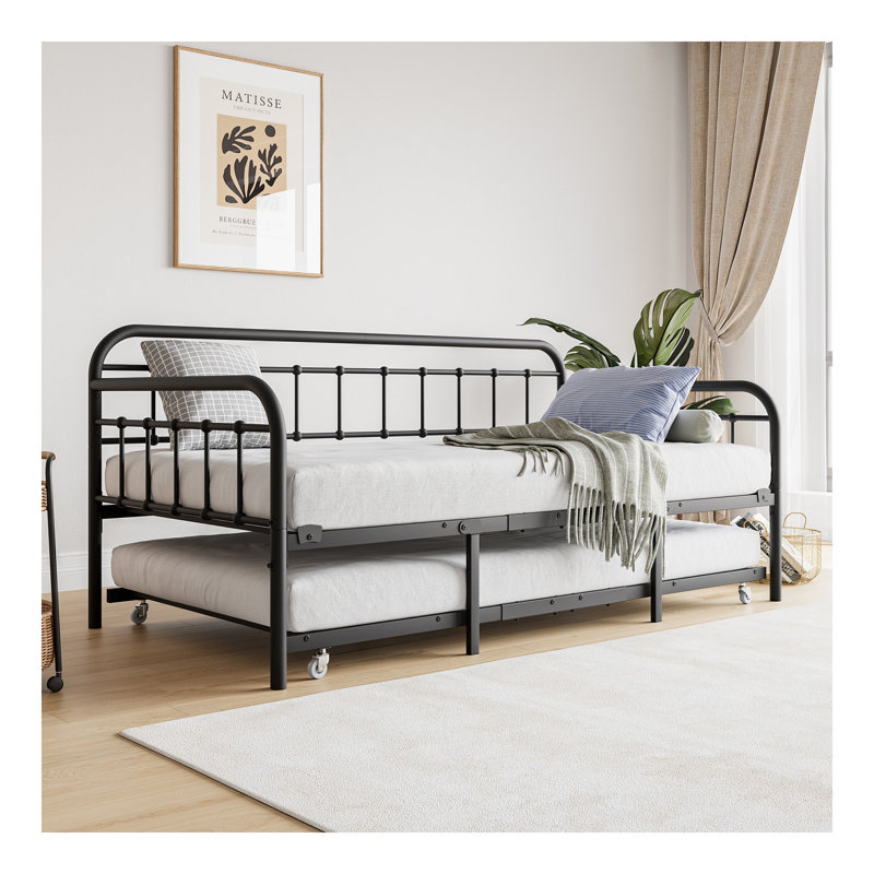 Structure de lit de jour simple en métal avec lit gigogne, plateforme de lit à lattes en acier robuste avec tête de lit, aucun sommier tapissier requis, noir