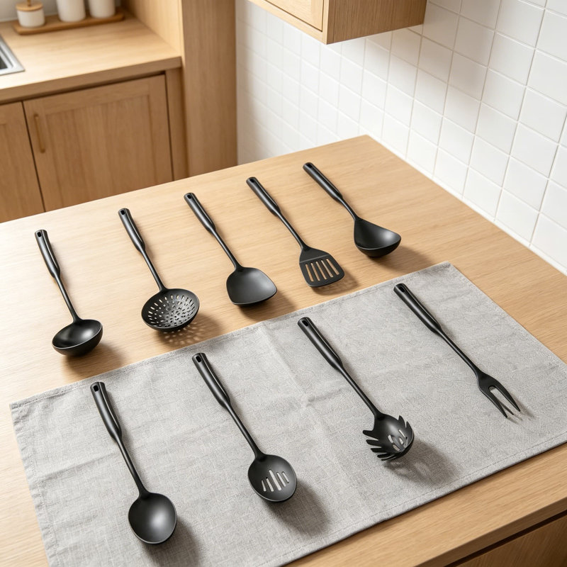 Ensemble d'ustensiles de cuisine professionnel en acier inoxydable 9 pièces avec poignées prolongées résistantes à la chaleur - Comprend un écumoire, une louche, une spatule, une cuillère à rainure, une fourchette à viande et plus encore pour la cuisson et le service