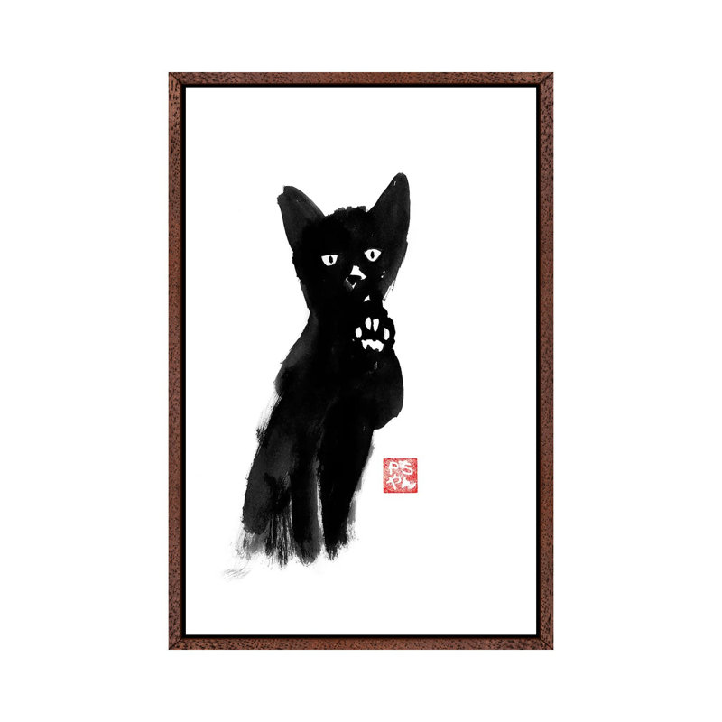 Demanding Cat by Péchane - Print on Canvas, 66.04 cm H x 45.72 cm W, Classic Brown Wood Framed