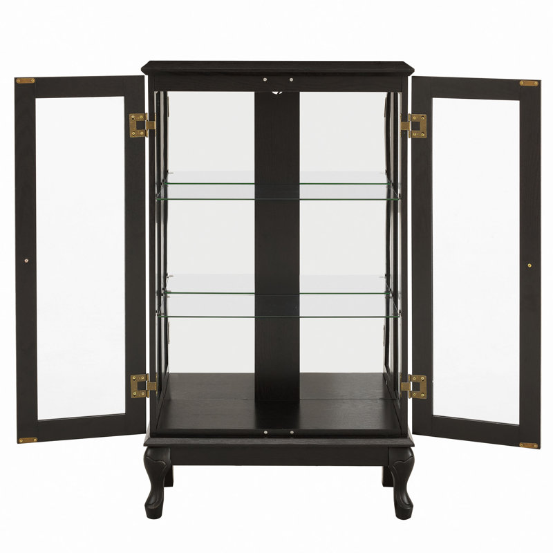 Élégante armoire vitrée en chêne clair avec portes en verre trempé, lumière DEL, panneau arrière en miroir et tablettes réglables - rangement parfait pour la maison et le bureau