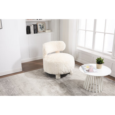 Fauteuil d'appoint sans accoudoirs en fourrure blanche avec dossier courbé et pieds en bois massif pour les espaces intérieurs, l 27,59 po x l 27,59 po x H 30,01 po, 27,86 lb, siège rembourré de 13 po, roulement de charge de 250 lb, assemblage en 30 minutes