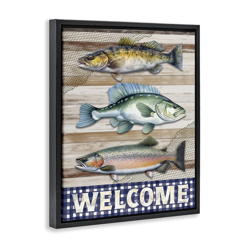 Bienvenue avec un cadre flottant à motif de poissons rustiques, design par Nicole DeCamp, H 21 po x l 17 po