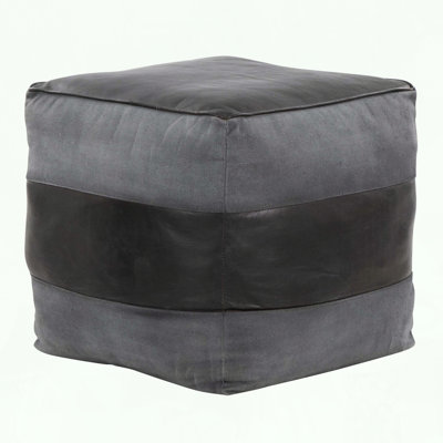 Square Ottoman with Leather and Canvas Stitching