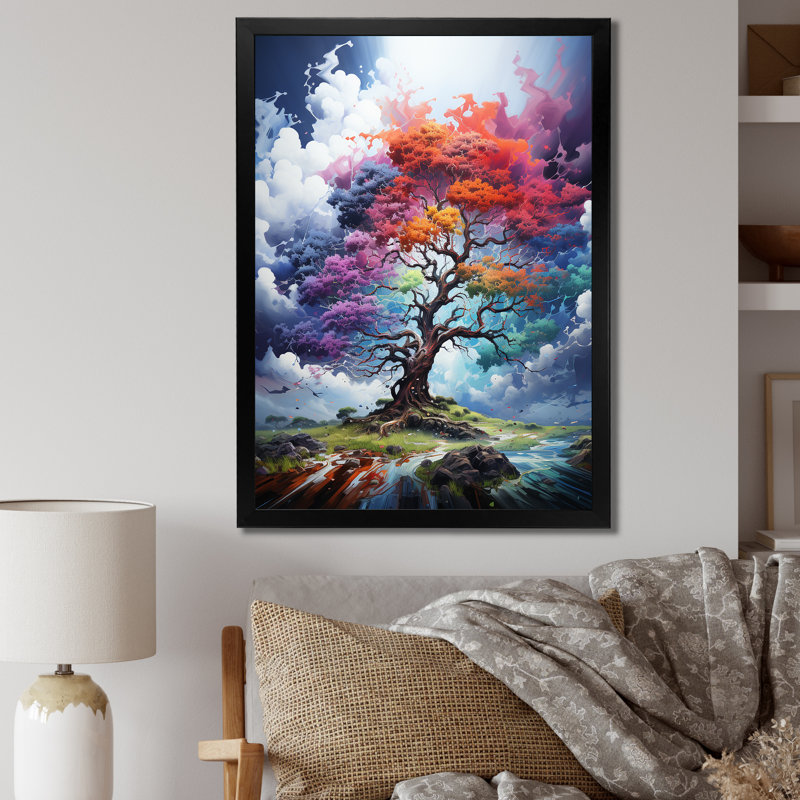 «Blue Red Oak Tree Oak Symphony II», reproduction d'art sur toile florale et botanique, Cadre photo noir