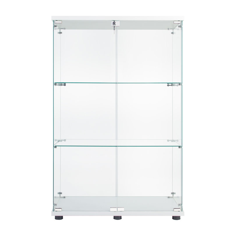 Two Door Glass Cabinet Glass Display Cabinet With 3 Shelves, Storage Cabinet, Display Cabinet, Glass Cabinet, White