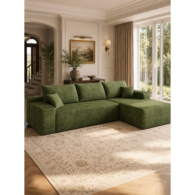 Canapé modulaire 107 po avec méridienne en L en forme de L et méridienne profonde modulaire 107 po, aucun assemblage requis, tissu en velours côtelé vert moelleux