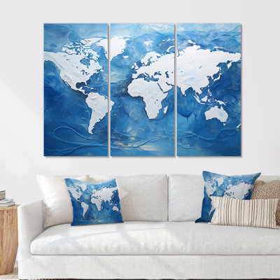 Majestic Meridians Blue World Map I - World Map Canvas Wall Art Set