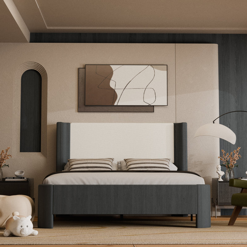 Upholstered Bed Frame With Wingback Headboard, Upgraded Platform Bed With Integrated Led Lighting, 9-Point Support Base, Simplified Assembly, Pu Leather, Dark Grey Oak, Queen
