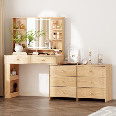 Grand bureau de maquillage avec miroir et lumières, coiffeuse avec 8 tiroirs et tablettes de rangement, coiffeuse avec prise de courant, 3 modes de couleurs et coiffeuse à luminosité réglable, chambre à coucher, chêne