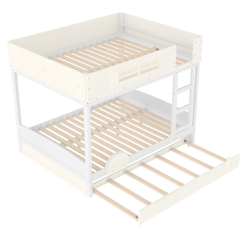 Lit superposé double au-dessus de double blanc et blanc cassé avec gigogne simple TG et échelle droite, Queen, White/Beige