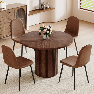 42"L Round Mordern Pedestal Fluted Dining Table Set For 4-6 With 34.5" Dining Chair