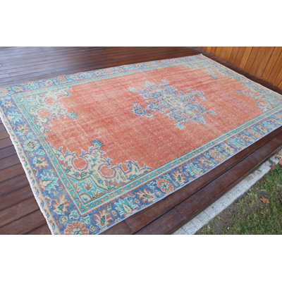 Handwoven Turkish Rug in Vibrant Orange and Blue for Living Room Decor