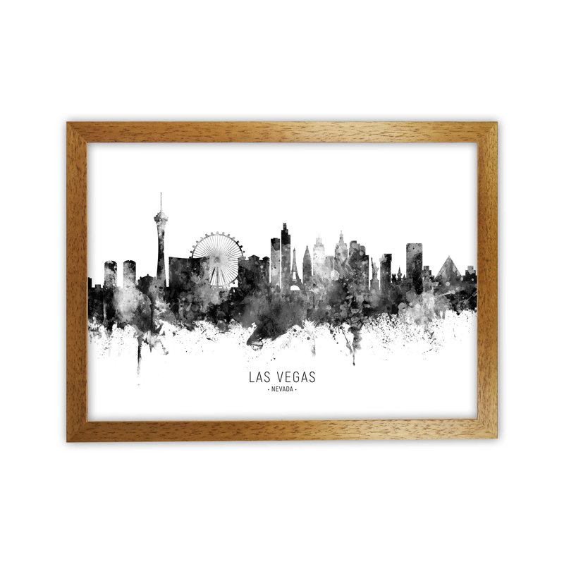 Las Vegas Nevada Skyline Black White City Name by Michael Tompsett - Print, 34cm H x 46cm W x 3cm D, Brown Framed