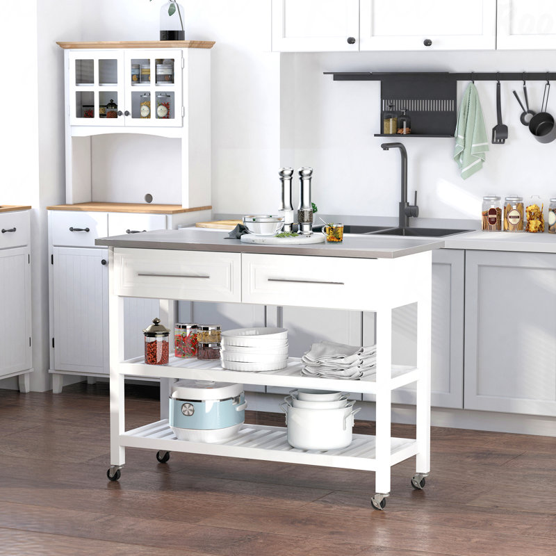Îlot de cuisine avec plateau en acier inoxydable, tablettes ouvertes et tiroirs, gris