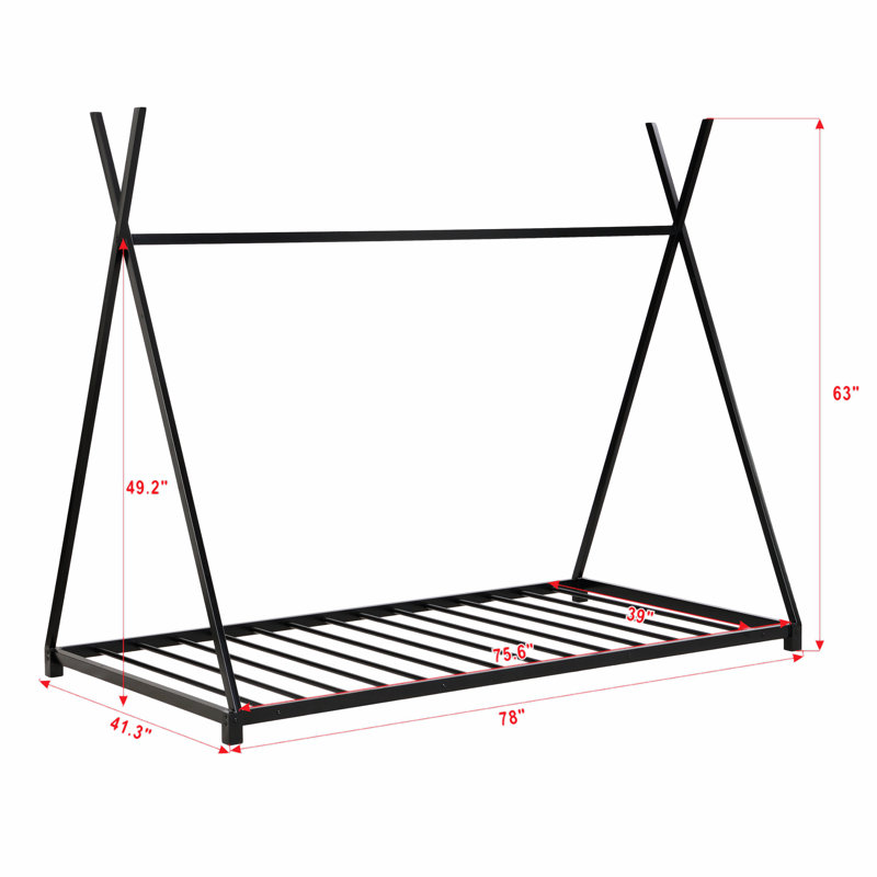 Metal Twin Size House Platform Bed With Triangle Structure, Black