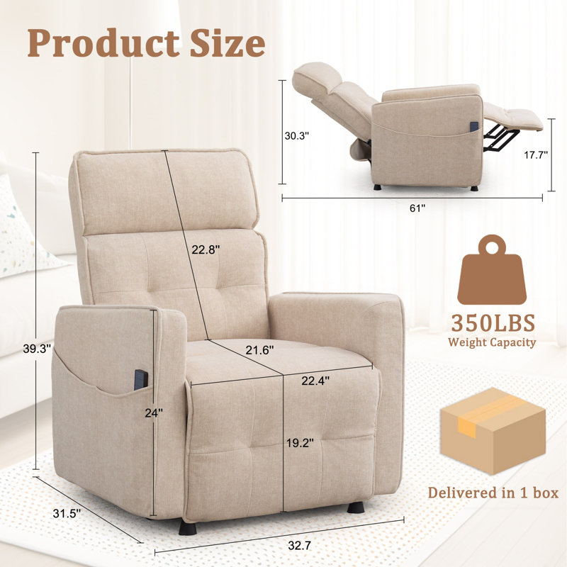 Recliner Chair, Electric Recliner Chairs For Adults, Comfy Recliners For Living Room, Reclining Chair With One-touch Adjustment & Side Pockets