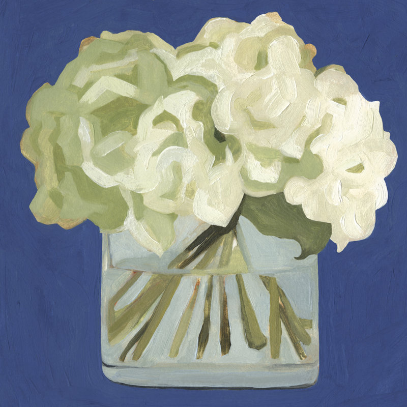 «White Hydrangeas II» par Emma Scarvey - Peinture sur toile, H 12 po x l 12 po