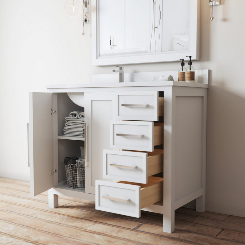 Merelus 36'' Single Bathroom Vanity with Quartz Top, White, White, Brushed Nickel