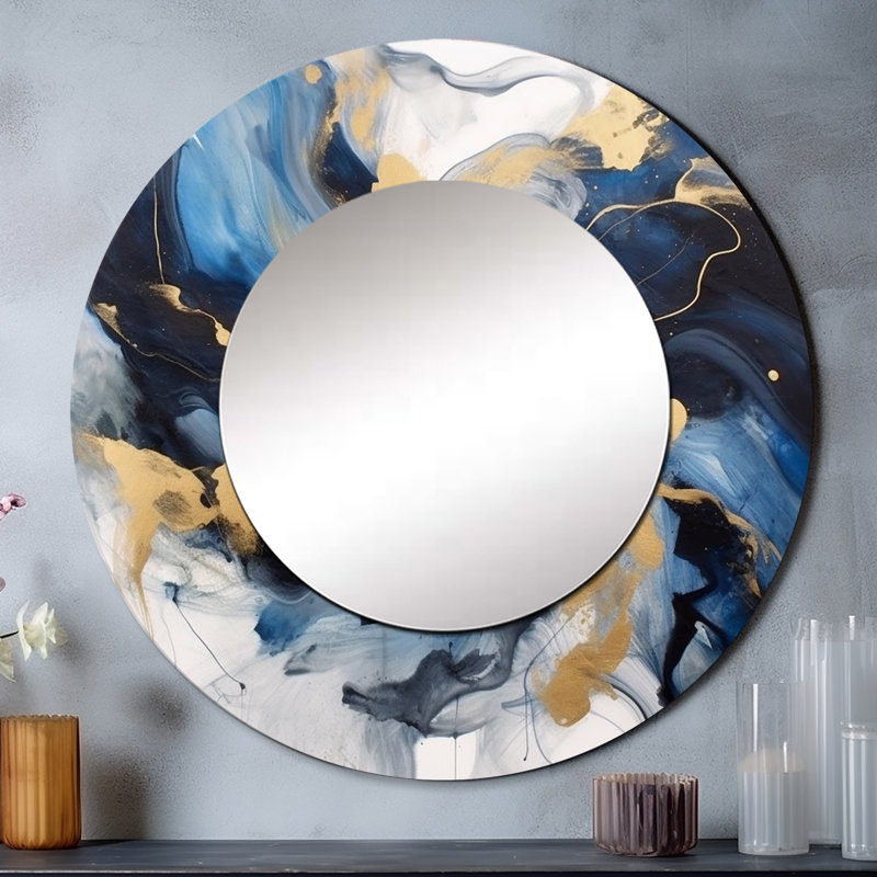 Dark Blue and Gold Strokes XII - Fractals Mirror, Modern Round Decorative Wall Mirror, Printed Metal Art, 23" x 23"