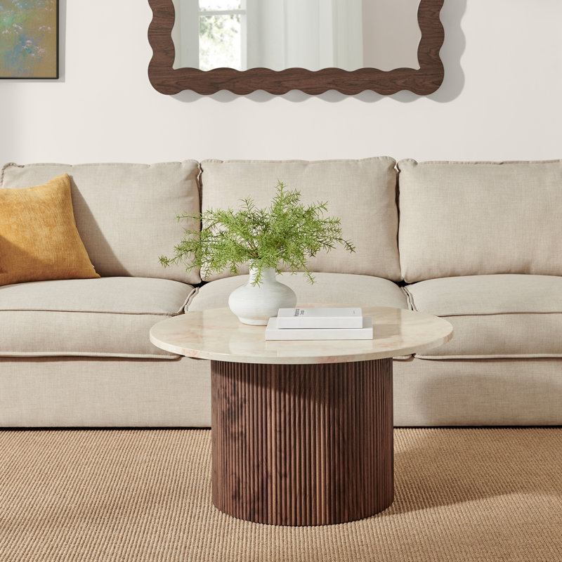 Tamorion Pedestal Coffee Table, Cream Top/Walnut Base