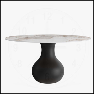 Table de salle à manger chic de luxe noire ronde avec piédestal en bois massif en forme de vase, pouvant accueillir confortablement et élégamment quatre personnes.