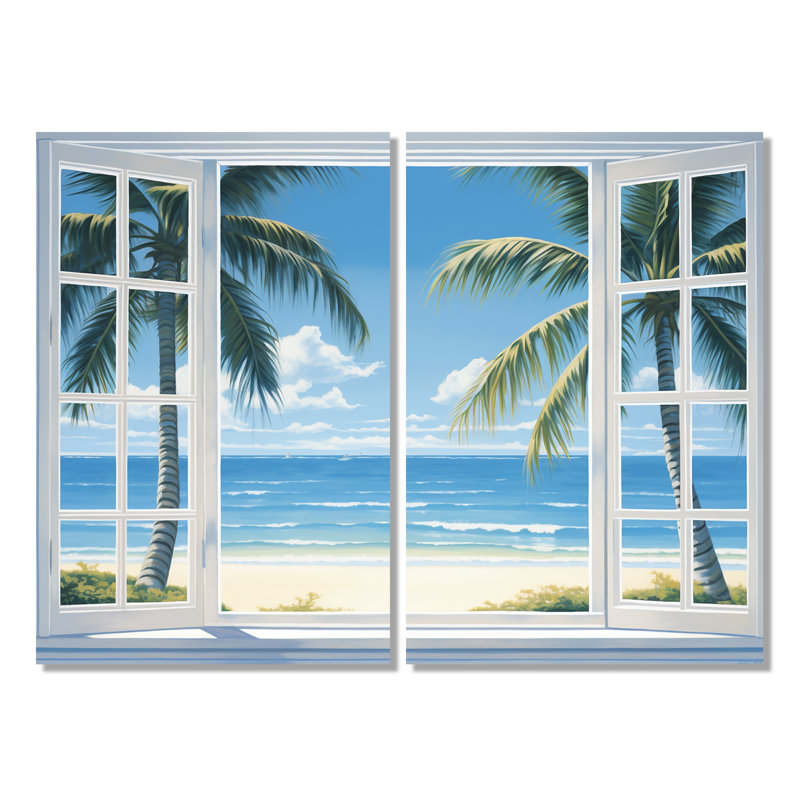Vue sur l'océan par une fenêtre blanche ouverte I - art mural sur toile surdimensionné côtier, H 36 po x l 48 po