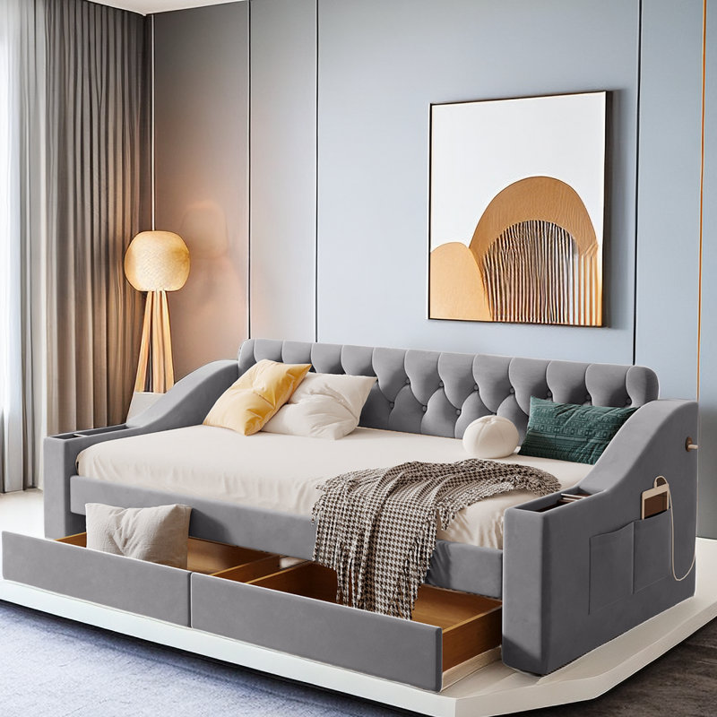 Azekiel Upholstered Tufted Daybed with Two Drawers and USB Ports, Gray