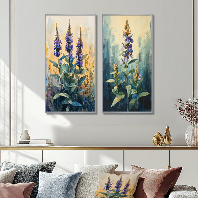 Herbal Serenity in Green Pastels Impressionist I - Art mural floral 2 panneaux, H 28 po x l 25 po, Encadrement argenté
