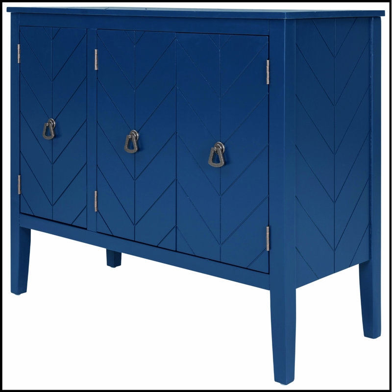 Adjustable Shelf Storage Sideboard – 3 Metal Handles, 4 Pinewood Legs, Navy Blue
