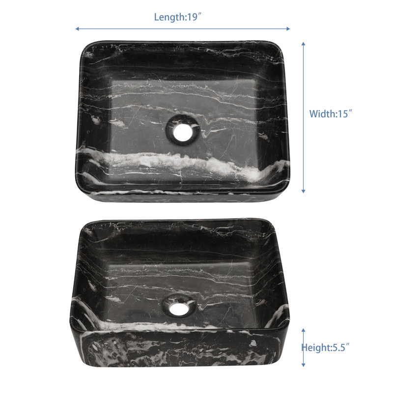 Black and Gray Marble Ceramic Rectangular Vessel Sink