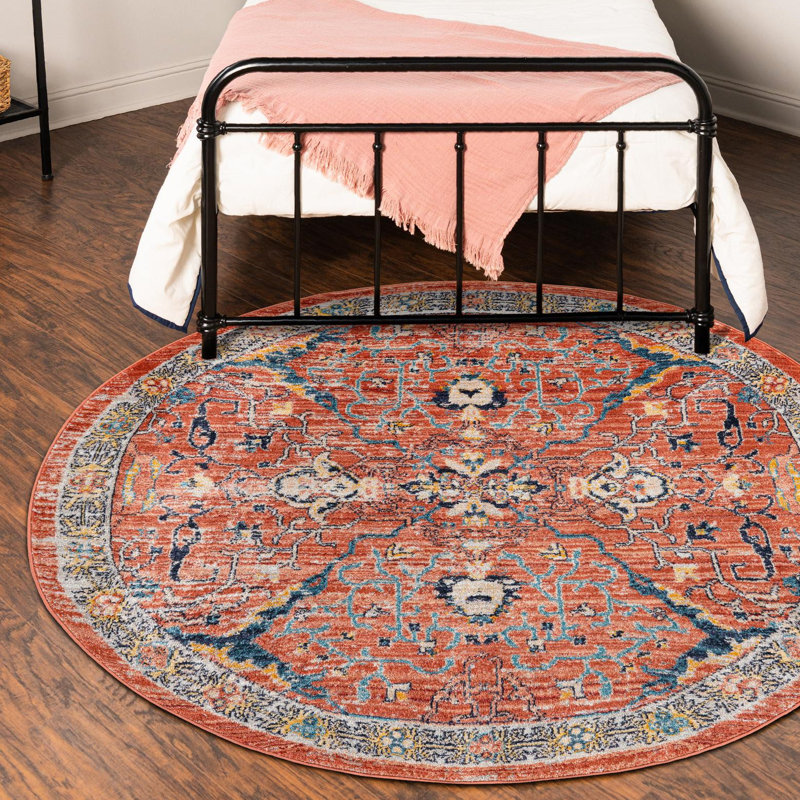 Tapis rouge brique à motif floral Alkire, Rond 3 pi 3 po