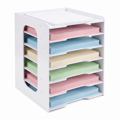 7 Tier Scrapbook Paper Organizer White, Stackable Desktop File Storage Trays for Desk Office School