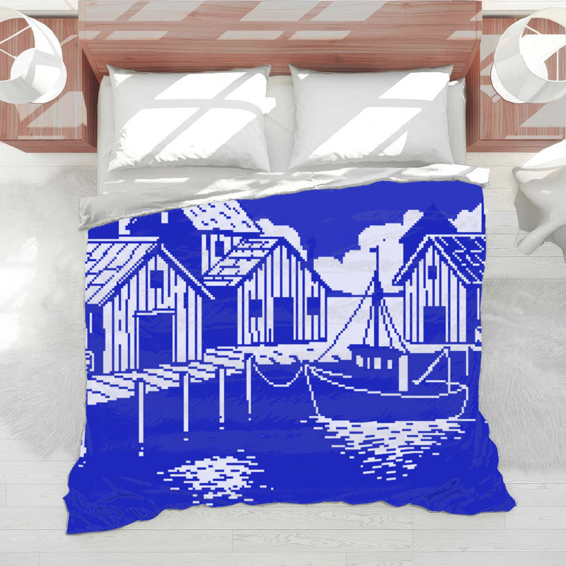 Couette en pixel art représentant une scène de port, Simple extra long, Bleu moyen / blanc clair