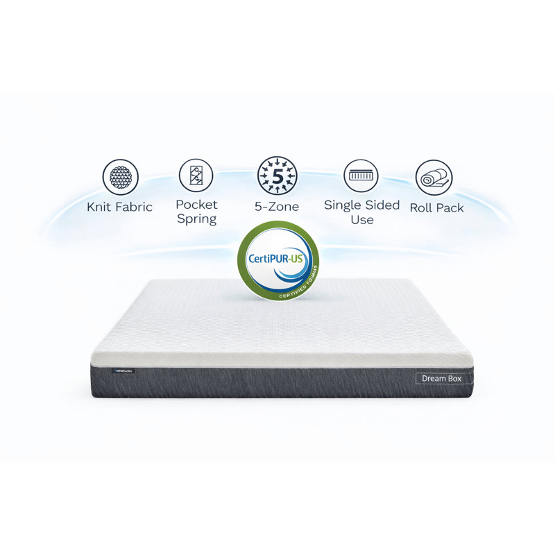 Dream Box Lite 8" Medium Firm Queen Hybrid Mattress with 5-Zone Pocket Spring Support, CertiPUR-US Foam & Breathable Knit Fabric for Cooling Comfort