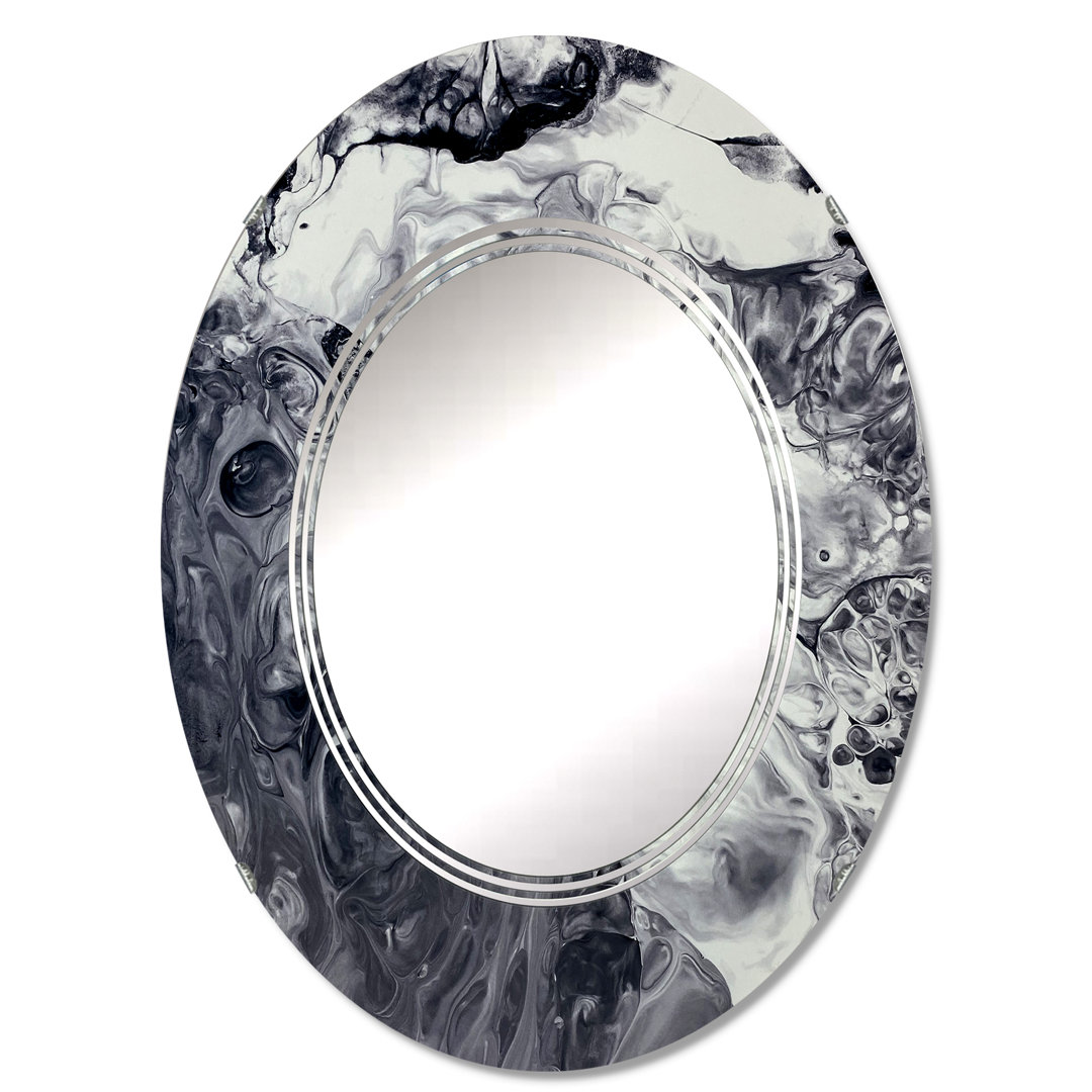 White And Grey Liquid Marble Waves I - Modern Wall Mirror Oval East Urban Home 