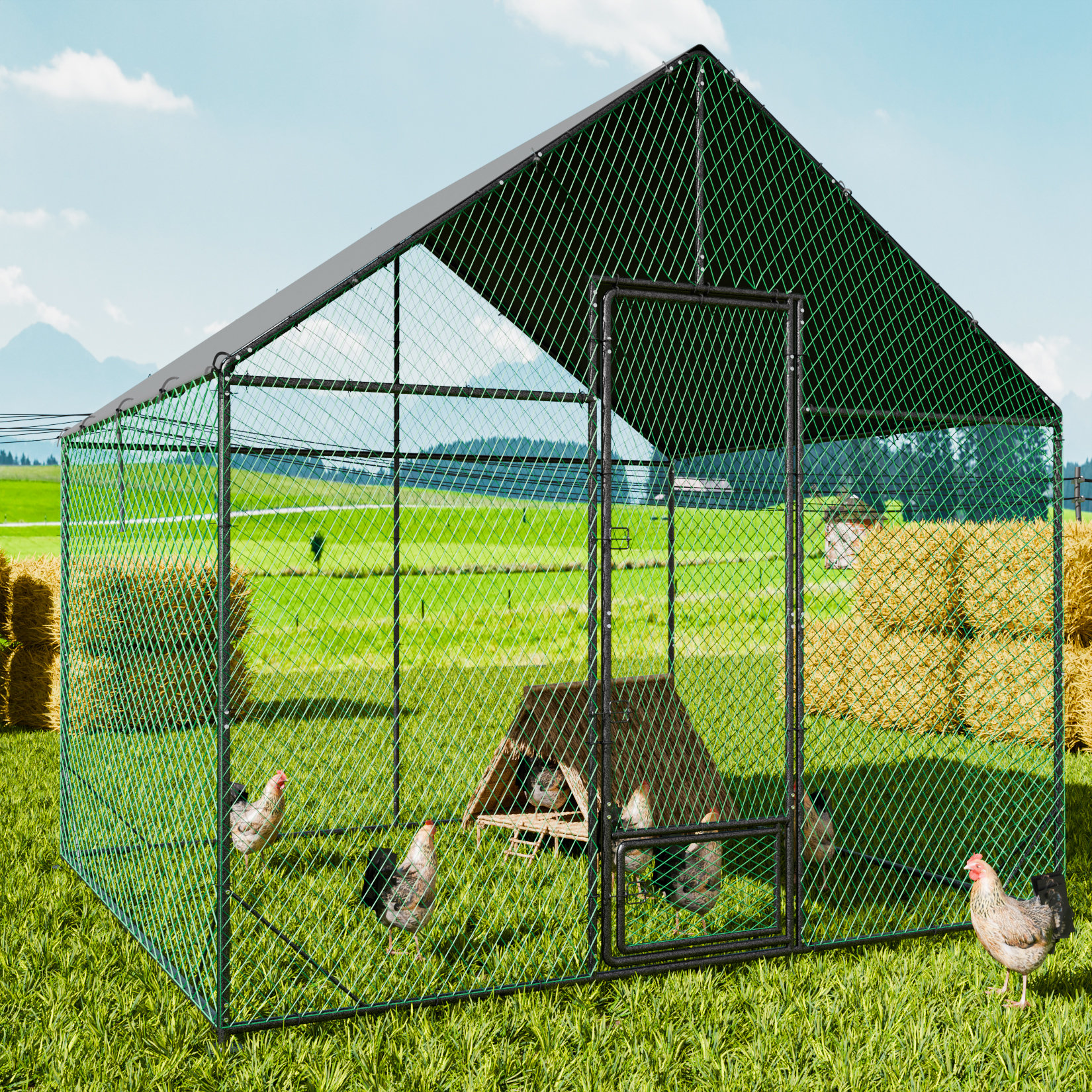 Upgraded Anti-Rust Metal Chicken Coop With Run Walkin Poultry Cage Habitat With Feeding Door, Waterproof And Snow /Rain Accumulation Prevent Cover For Backyard Farm Garden