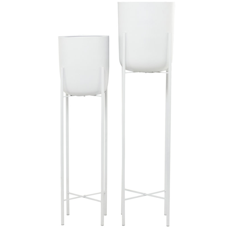 2 Piece Metal Indoor Outdoor Planter with Removable Stand Set, White, 46.5" H x 13.5" W x 13.5" D