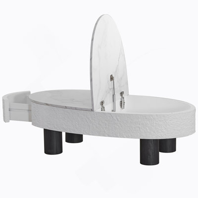 Oval Coffee Table With Faux Marble Tabletop, Mid Century Modern Coffee Table With Hidden Drawer And Storage Space , Coffee Table For Living Room, Bedroom, Office