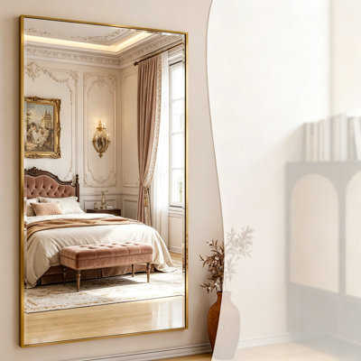 Miroir pleine grandeur avec support 38 po x 77 po, cadre en alliage d'aluminium pour miroir de plancher pleine grandeur, miroir mural suspendu ou incliné pour le salon, la chambre à coucher, le vestiaire, l'or