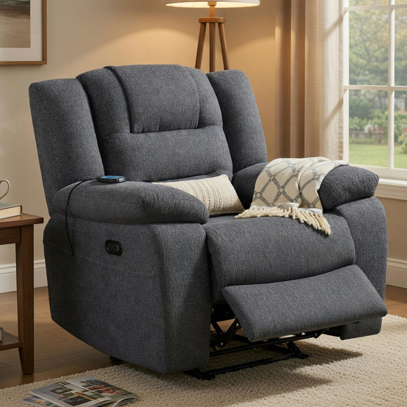 Reno Power Glider Recliner Chair With Heat And Massage, Dark Gray Polyester
