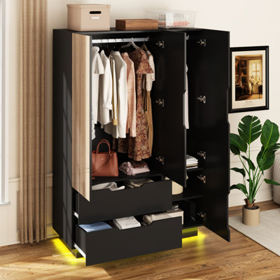 3 Doors Armoire Wardrobe Closet with Mirror, LED Light Wood Wardrobe Closet, Armoire with Hanging Rod for Bedroom