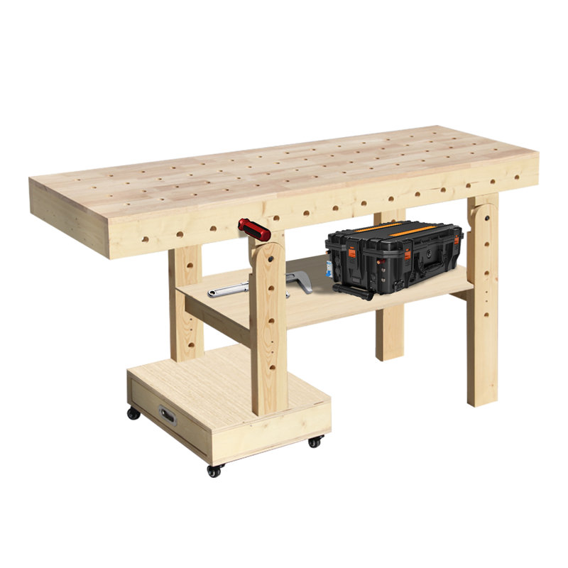 Foldable Workbench With Storage Drawer,Solid Wood Top
