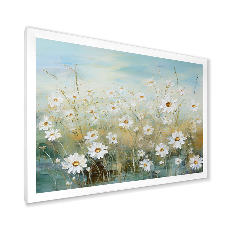 Marguerites au soleil, champ de fleurs I - Art mural champ de fleurs, Cadre simple blanc, H 16 po x l 32 po x P 0,5 po