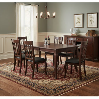 7-piece Dining Set With Rectangular Table, 78-inch Cherry Wood Table With Leaf, 6 Grid-back Chairs, Black Padded Seats, Transitional Style by Wildon Home