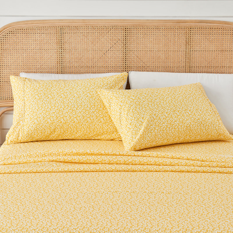 Ensemble de draps en microfibre à imprimé floral, Ensemble de draps pour grand lit avec 2 taies d'or, Floral décoloré