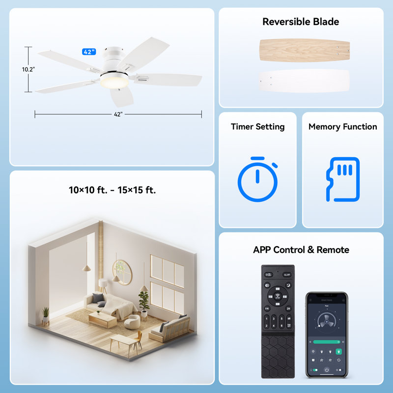 Ceiling Fans With Lights, Smart Ceiling Fan With App And Remote Control, 42" Wide, White