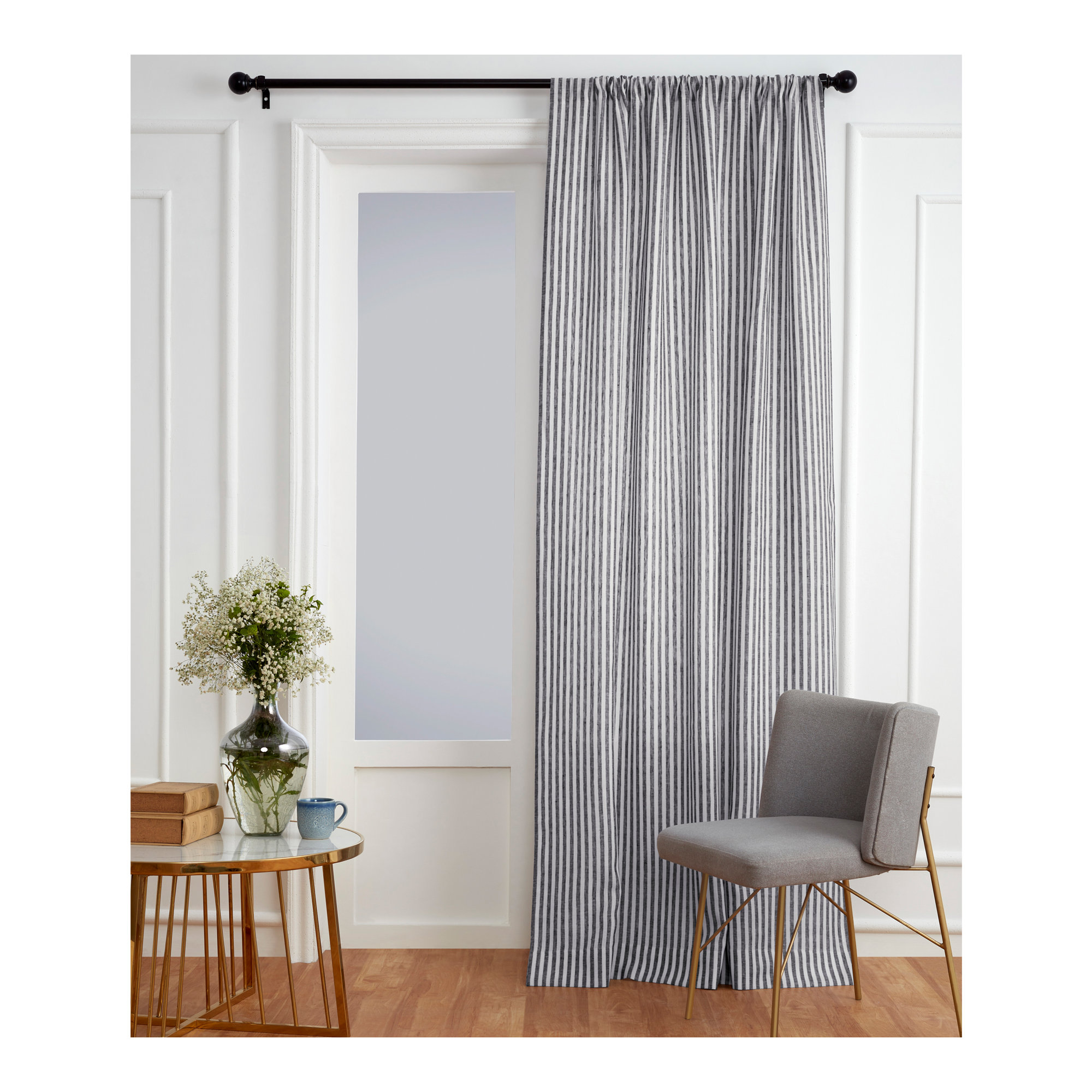  Stripe - 100% Pure Linen Curtain, 52" W x 108" L, Black and White